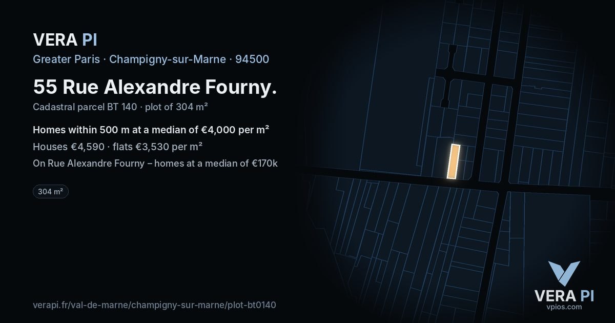55 Rue Alexandre Fourny, Champigny-sur-Marne at night – the plot lit, the parcels around coloured by the prices near them
