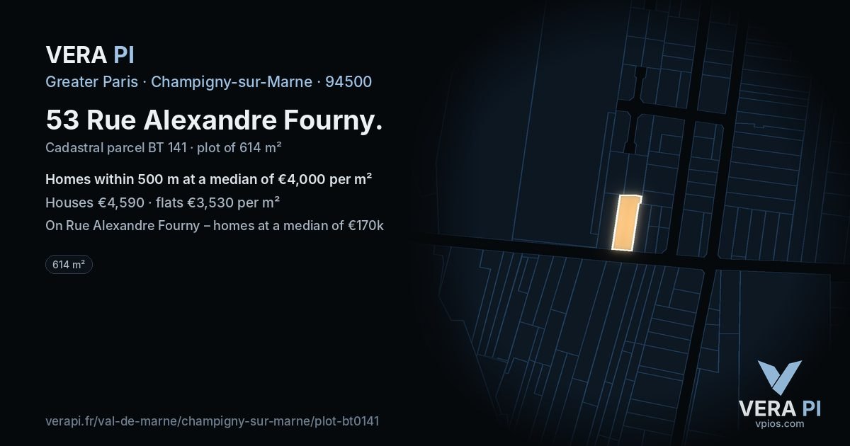 53 Rue Alexandre Fourny, Champigny-sur-Marne at night – the plot lit, the parcels around coloured by the prices near them