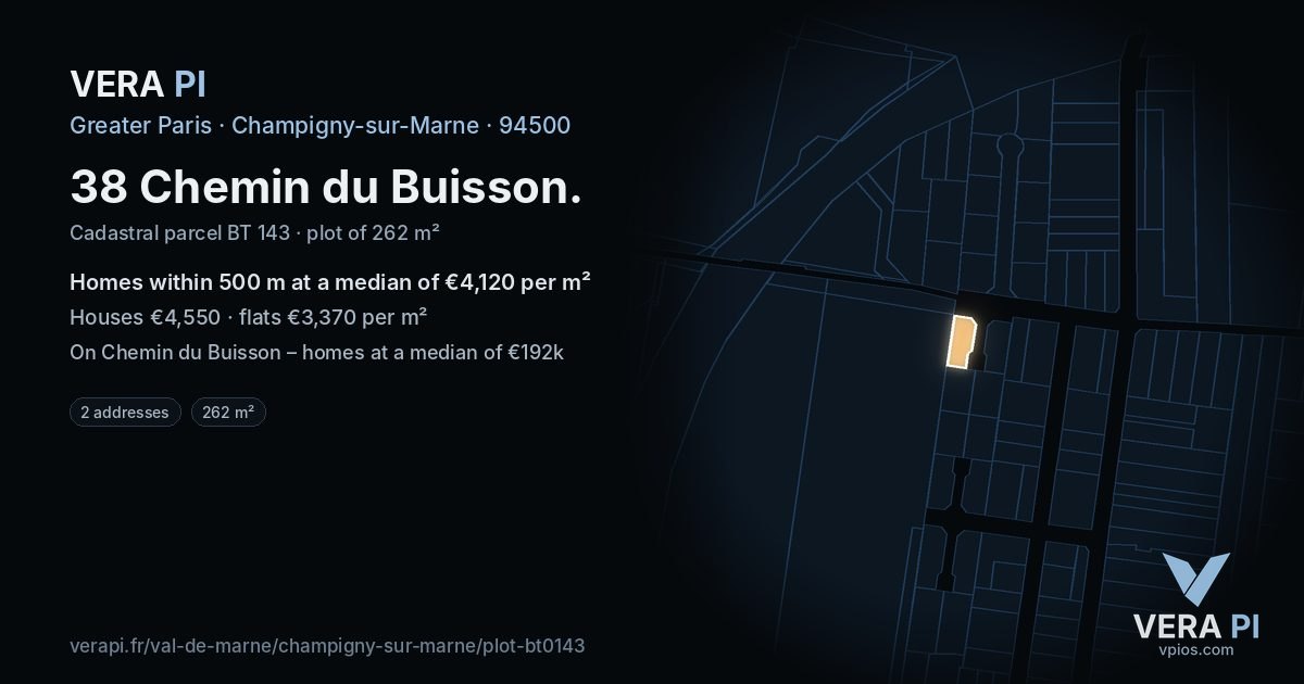 38 Chemin du Buisson, Champigny-sur-Marne at night – the plot lit, the parcels around coloured by the prices near them