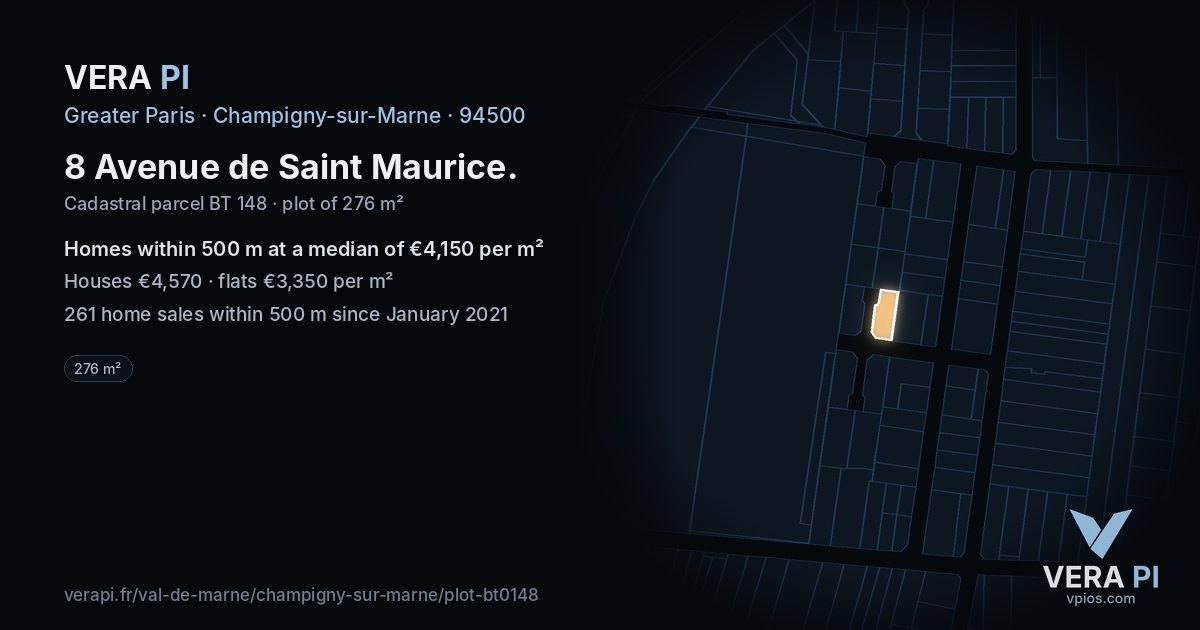 8 Avenue de Saint Maurice, Champigny-sur-Marne at night – the plot lit, the parcels around coloured by the prices near them