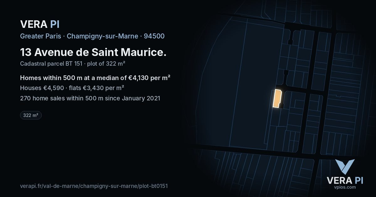 13 Avenue de Saint Maurice, Champigny-sur-Marne at night – the plot lit, the parcels around coloured by the prices near them