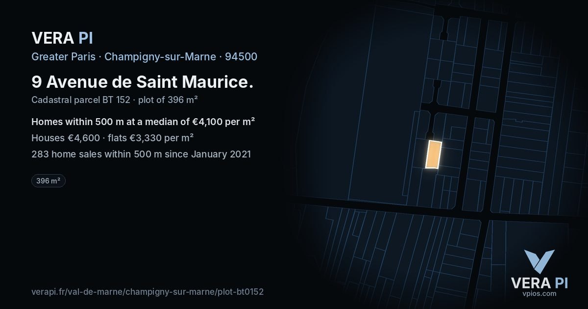 9 Avenue de Saint Maurice, Champigny-sur-Marne at night – the plot lit, the parcels around coloured by the prices near them