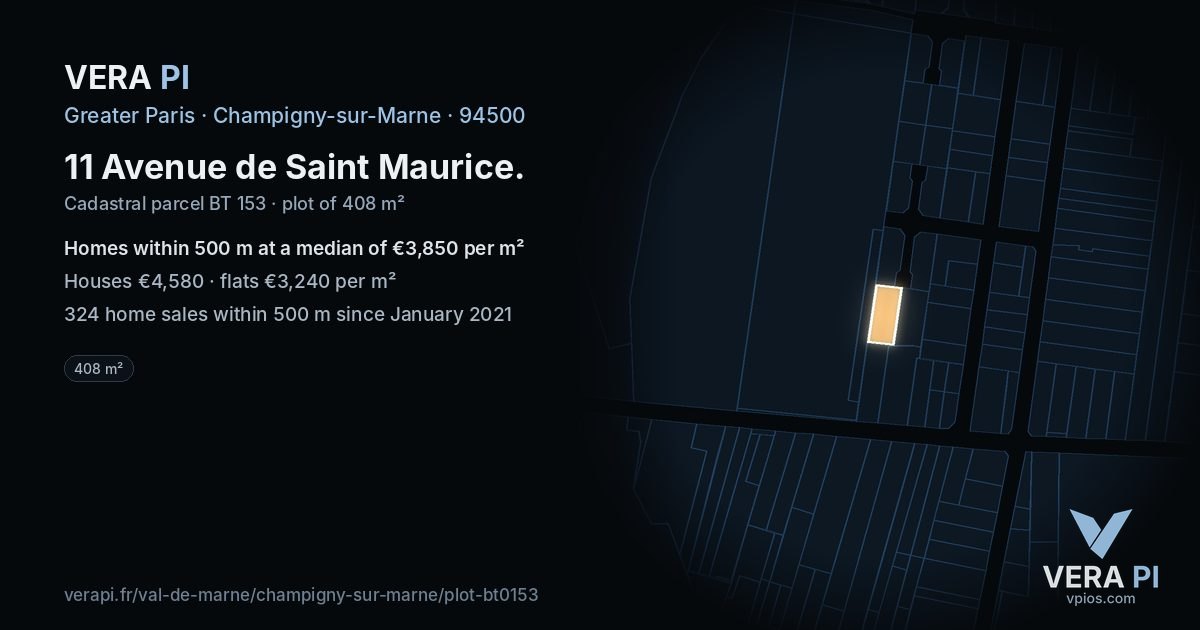 11 Avenue de Saint Maurice, Champigny-sur-Marne at night – the plot lit, the parcels around coloured by the prices near them