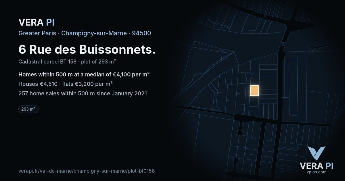 6 Rue des Buissonnets, Champigny-sur-Marne at night – the plot lit, the parcels around coloured by the prices near them