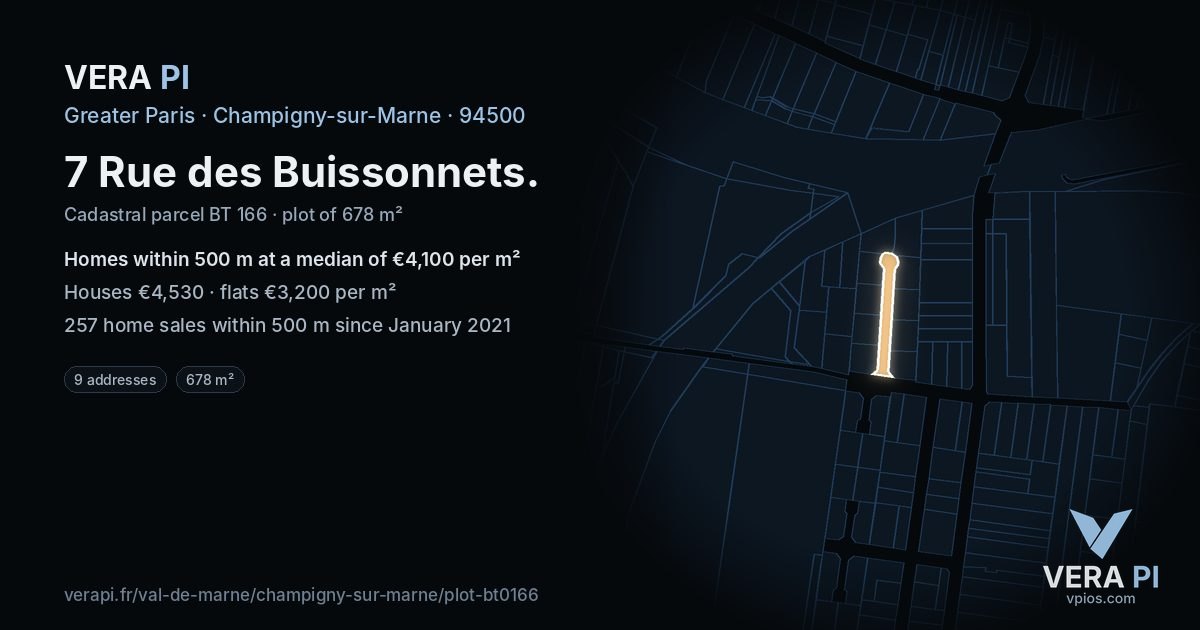 7 Rue des Buissonnets, Champigny-sur-Marne at night – the plot lit, the parcels around coloured by the prices near them