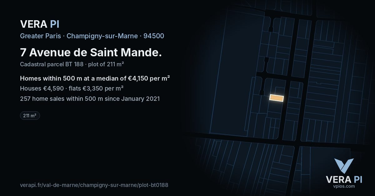 7 Avenue de Saint Mande, Champigny-sur-Marne at night – the plot lit, the parcels around coloured by the prices near them