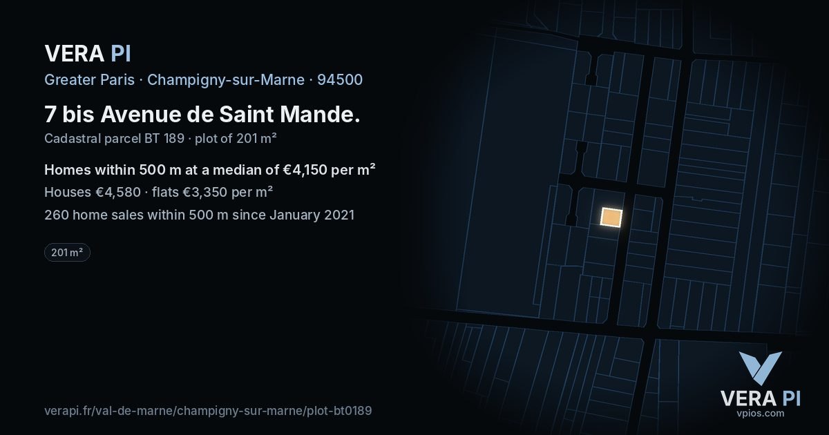 7 bis Avenue de Saint Mande, Champigny-sur-Marne at night – the plot lit, the parcels around coloured by the prices near them