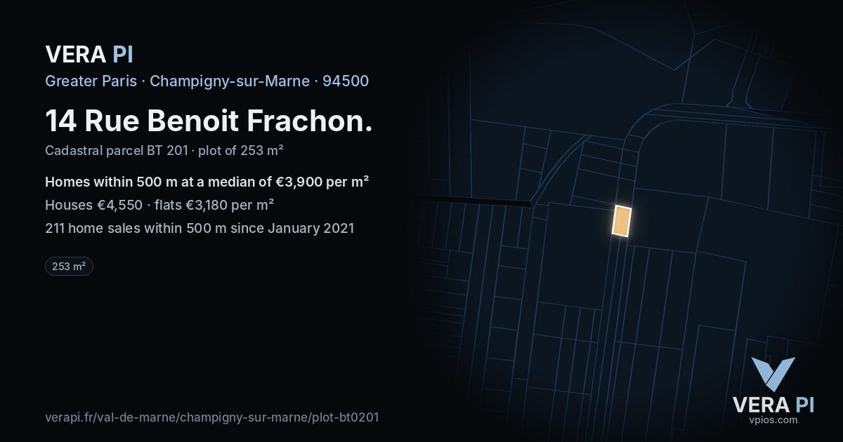 14 Rue Benoit Frachon, Champigny-sur-Marne at night – the plot lit, the parcels around coloured by the prices near them