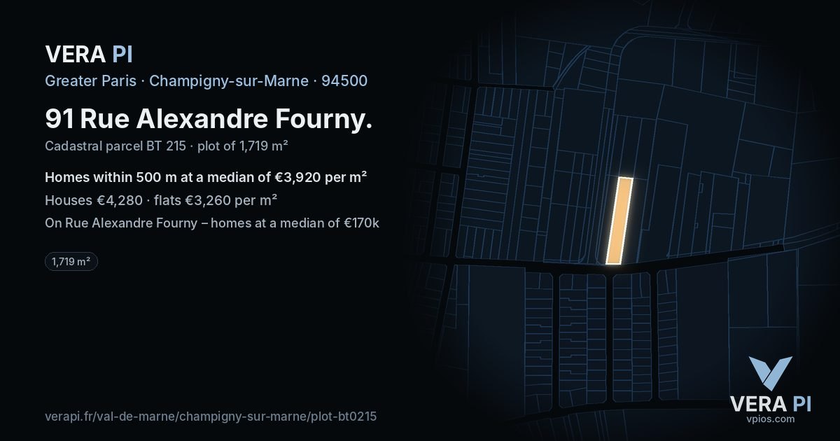 91 Rue Alexandre Fourny, Champigny-sur-Marne at night – the plot lit, the parcels around coloured by the prices near them