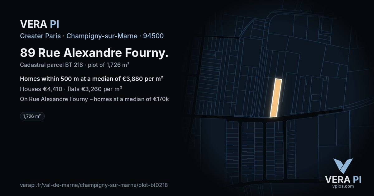 89 Rue Alexandre Fourny, Champigny-sur-Marne at night – the plot lit, the parcels around coloured by the prices near them