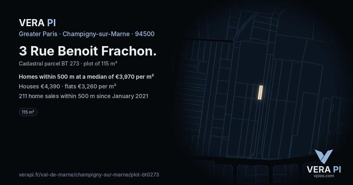 3 Rue Benoit Frachon, Champigny-sur-Marne at night – the plot lit, the parcels around coloured by the prices near them