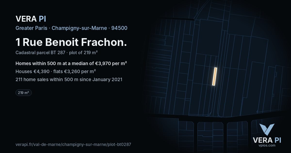 1 Rue Benoit Frachon, Champigny-sur-Marne at night – the plot lit, the parcels around coloured by the prices near them