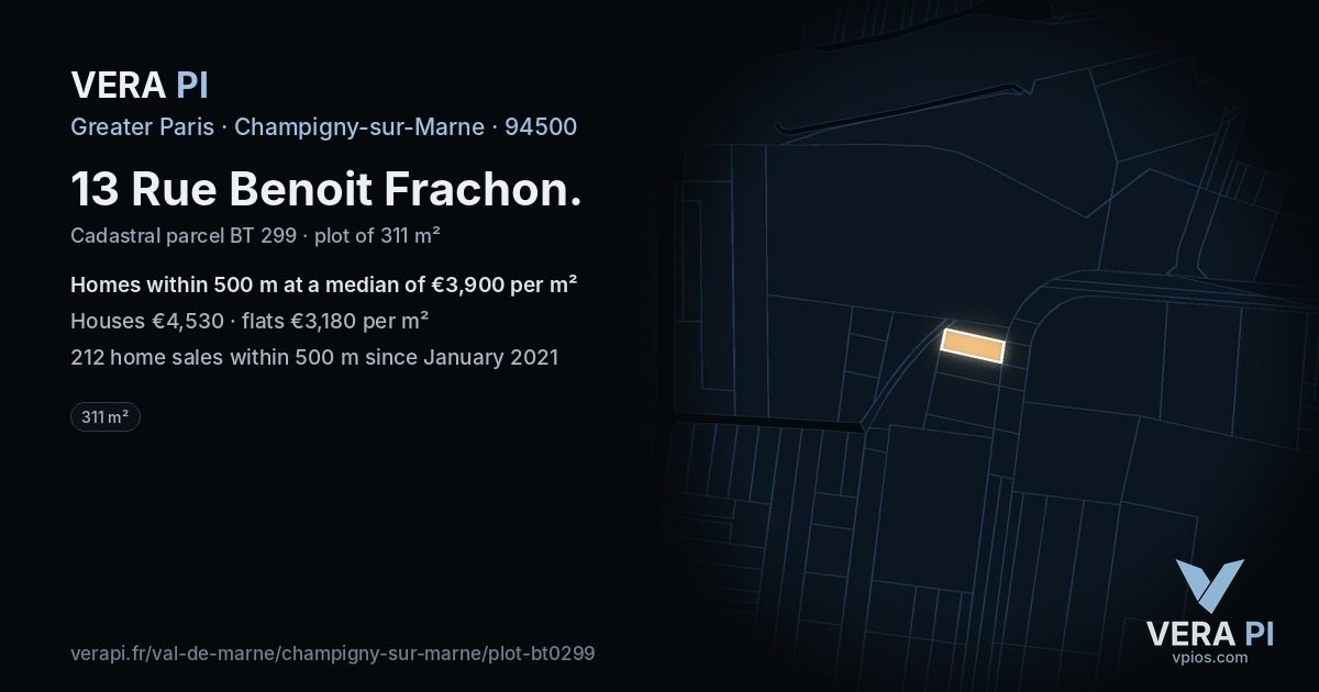 13 Rue Benoit Frachon, Champigny-sur-Marne at night – the plot lit, the parcels around coloured by the prices near them