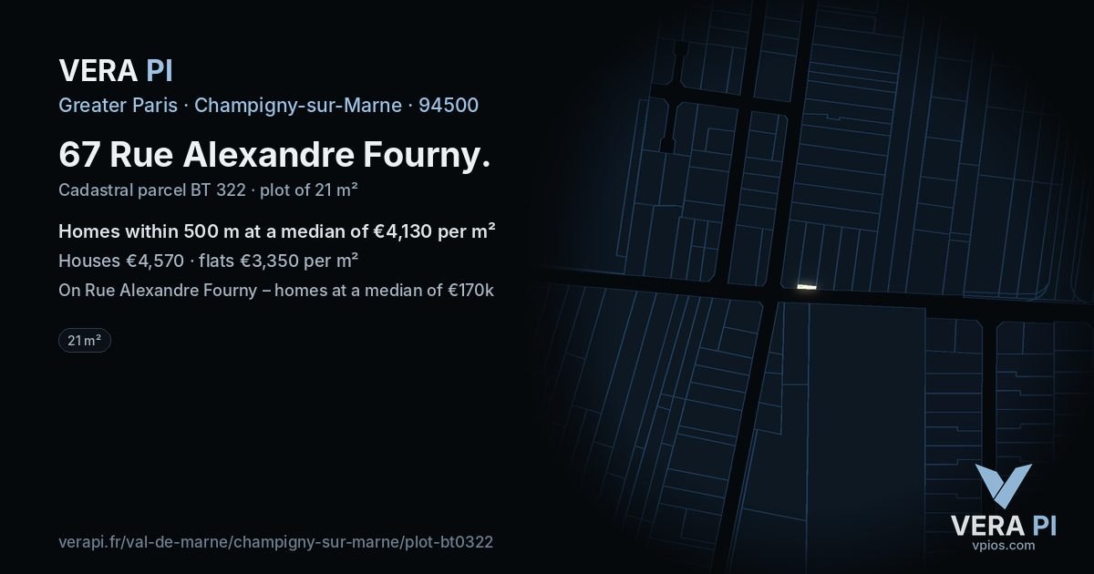 67 Rue Alexandre Fourny, Champigny-sur-Marne at night – the plot lit, the parcels around coloured by the prices near them