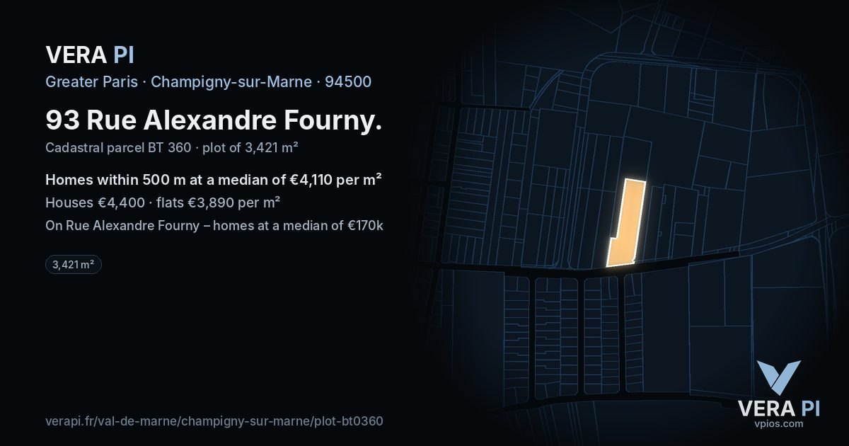 93 Rue Alexandre Fourny, Champigny-sur-Marne at night – the plot lit, the parcels around coloured by the prices near them