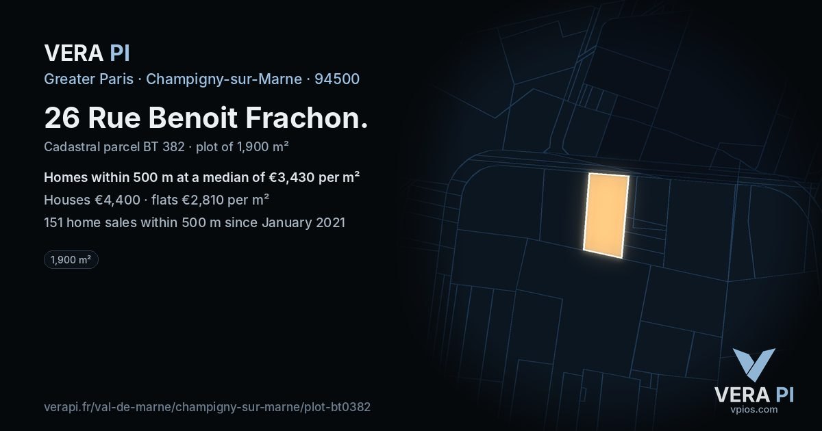 26 Rue Benoit Frachon, Champigny-sur-Marne at night – the plot lit, the parcels around coloured by the prices near them