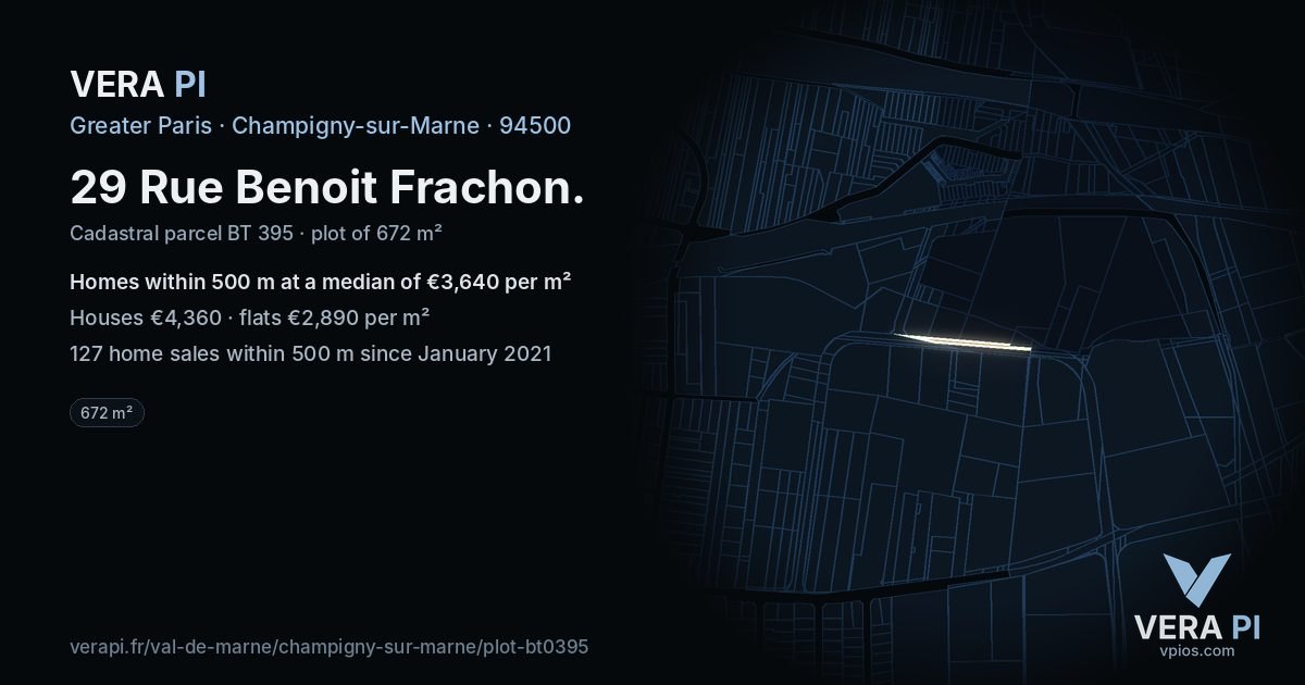 29 Rue Benoit Frachon, Champigny-sur-Marne at night – the plot lit, the parcels around coloured by the prices near them