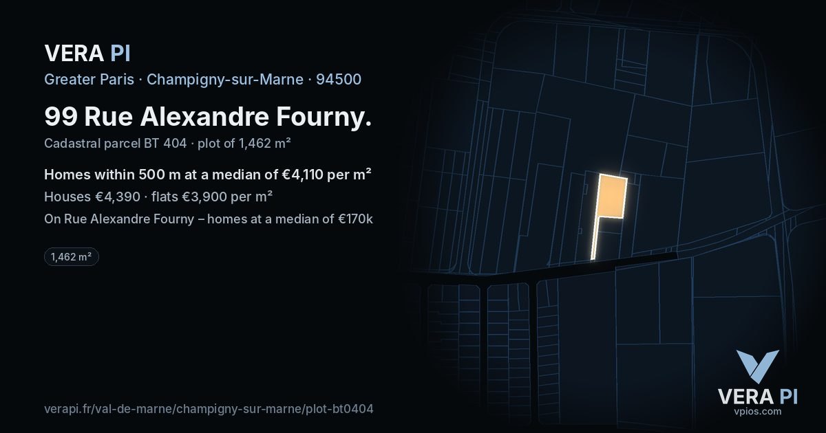 99 Rue Alexandre Fourny, Champigny-sur-Marne at night – the plot lit, the parcels around coloured by the prices near them