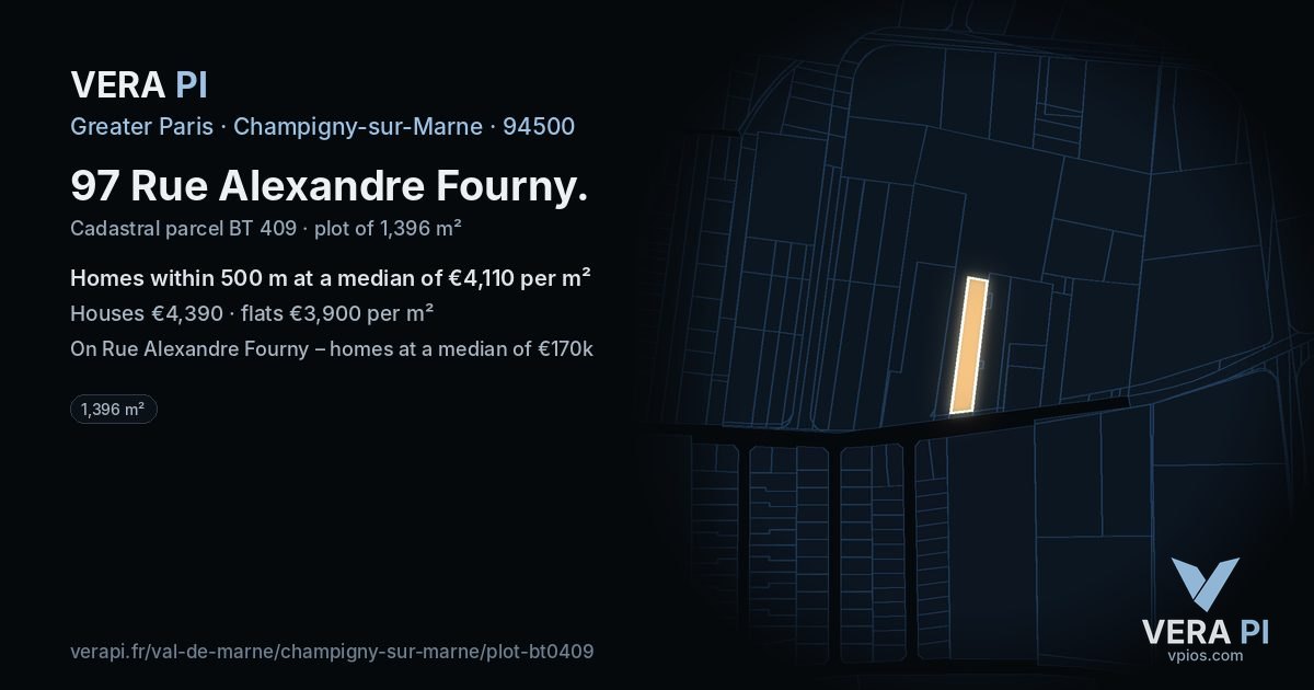 97 Rue Alexandre Fourny, Champigny-sur-Marne at night – the plot lit, the parcels around coloured by the prices near them