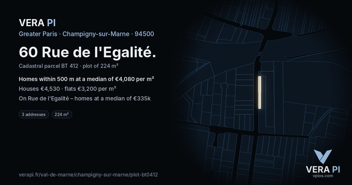 60 Rue de l'Egalité, Champigny-sur-Marne at night – the plot lit, the parcels around coloured by the prices near them