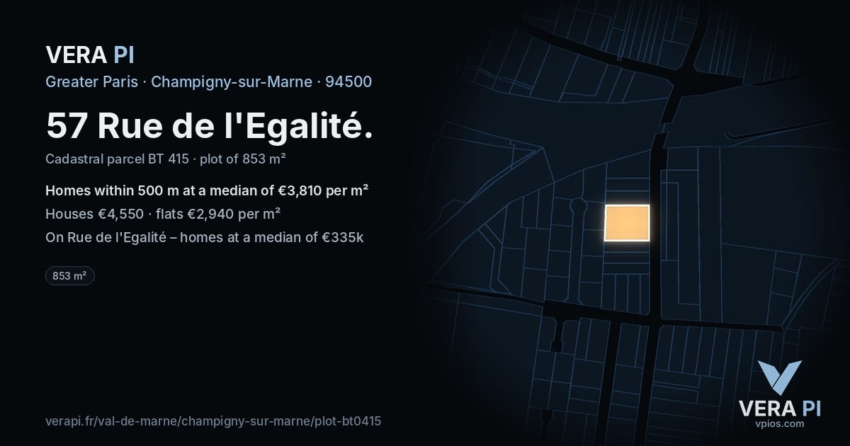 57 Rue de l'Egalité, Champigny-sur-Marne at night – the plot lit, the parcels around coloured by the prices near them
