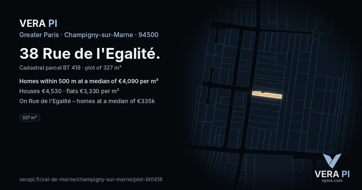 38 Rue de l'Egalité, Champigny-sur-Marne at night – the plot lit, the parcels around coloured by the prices near them
