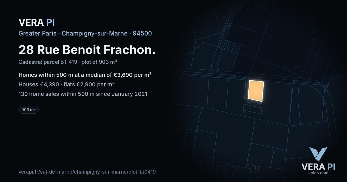 28 Rue Benoit Frachon, Champigny-sur-Marne at night – the plot lit, the parcels around coloured by the prices near them