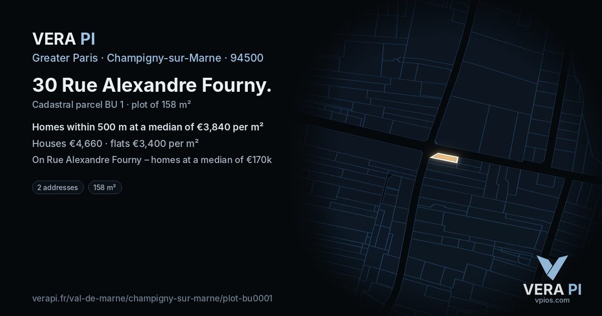 30 Rue Alexandre Fourny, Champigny-sur-Marne at night – the plot lit, the parcels around coloured by the prices near them