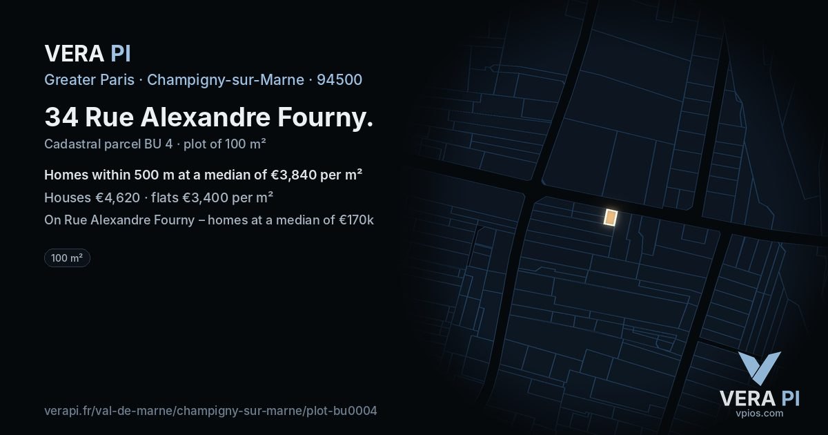 34 Rue Alexandre Fourny, Champigny-sur-Marne at night – the plot lit, the parcels around coloured by the prices near them