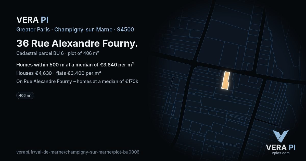 36 Rue Alexandre Fourny, Champigny-sur-Marne at night – the plot lit, the parcels around coloured by the prices near them