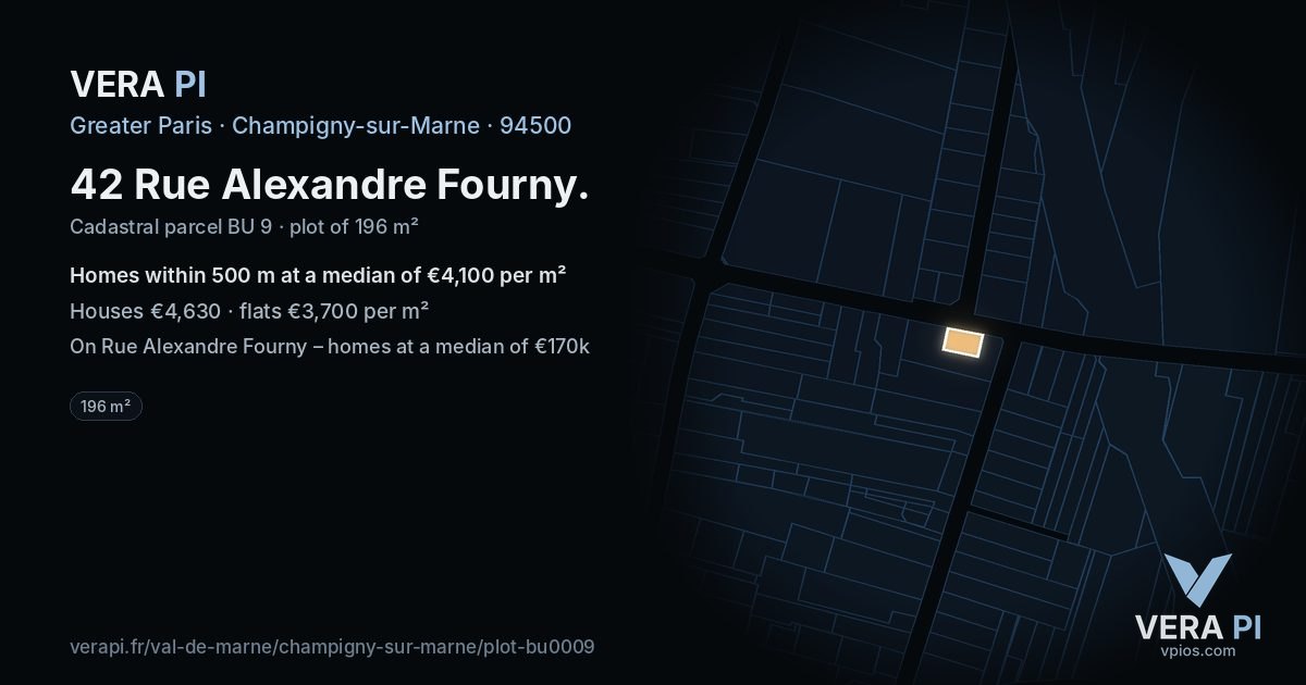42 Rue Alexandre Fourny, Champigny-sur-Marne at night – the plot lit, the parcels around coloured by the prices near them
