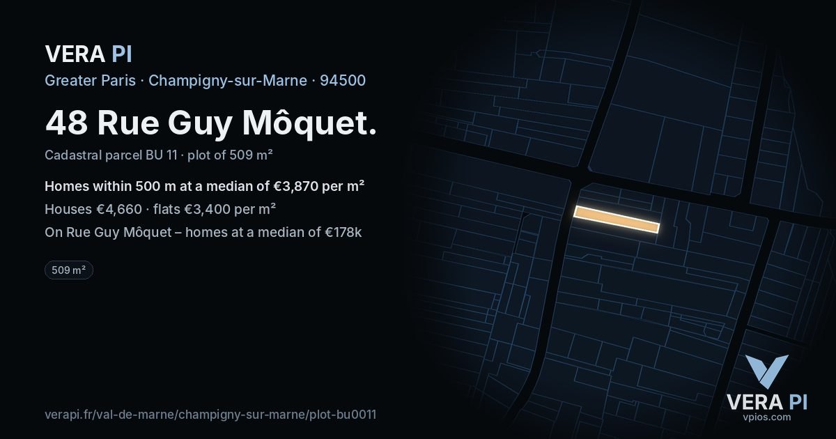 48 Rue Guy Môquet, Champigny-sur-Marne at night – the plot lit, the parcels around coloured by the prices near them