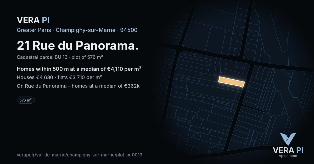 21 Rue du Panorama, Champigny-sur-Marne at night – the plot lit, the parcels around coloured by the prices near them
