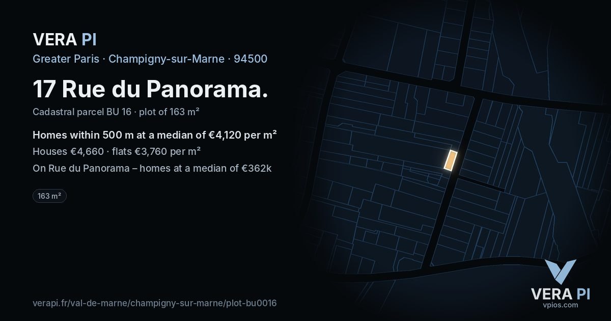 17 Rue du Panorama, Champigny-sur-Marne at night – the plot lit, the parcels around coloured by the prices near them
