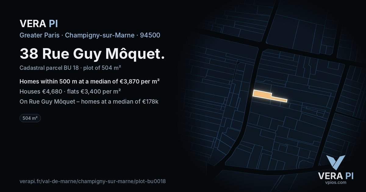 38 Rue Guy Môquet, Champigny-sur-Marne at night – the plot lit, the parcels around coloured by the prices near them