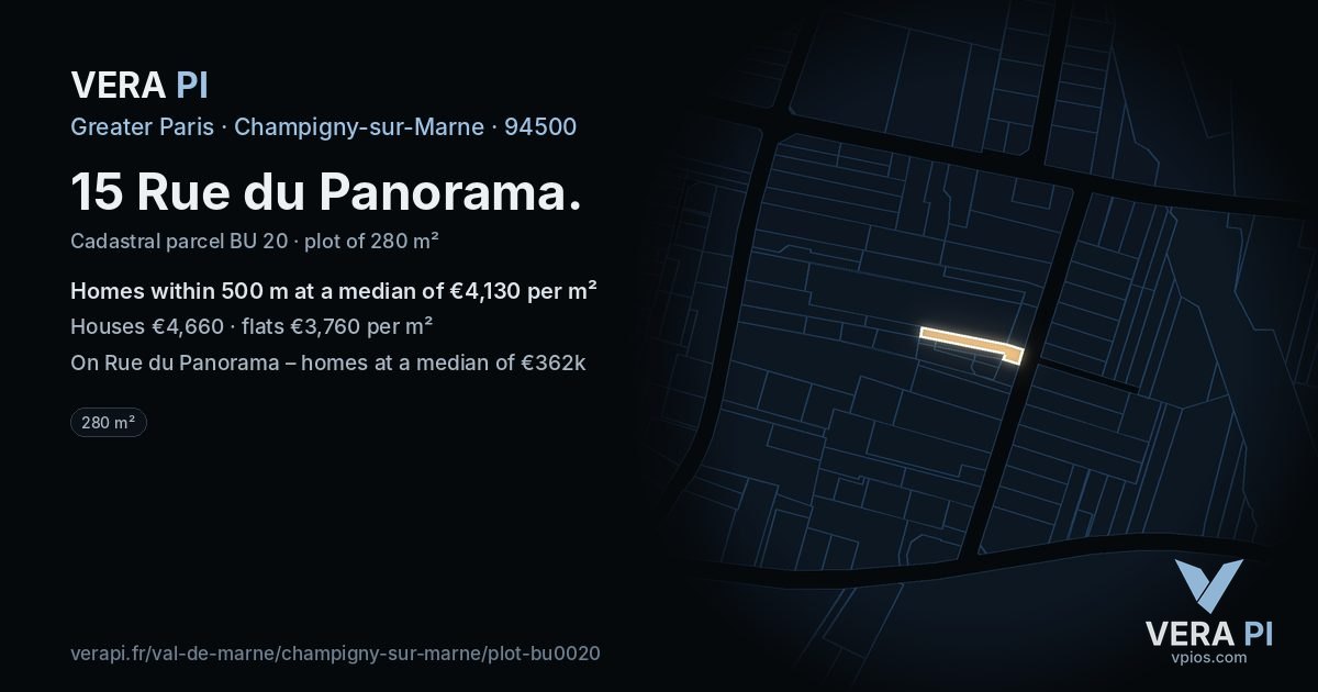 15 Rue du Panorama, Champigny-sur-Marne at night – the plot lit, the parcels around coloured by the prices near them
