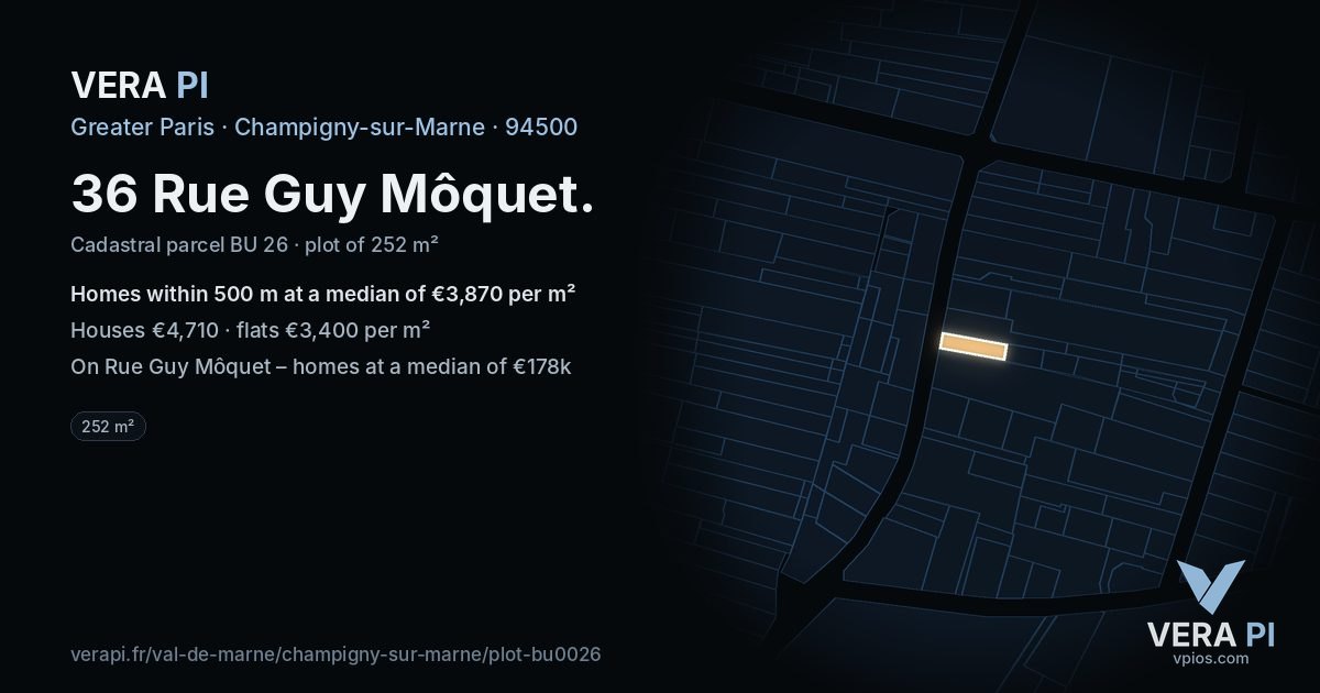 36 Rue Guy Môquet, Champigny-sur-Marne at night – the plot lit, the parcels around coloured by the prices near them