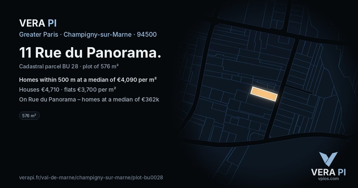 11 Rue du Panorama, Champigny-sur-Marne at night – the plot lit, the parcels around coloured by the prices near them