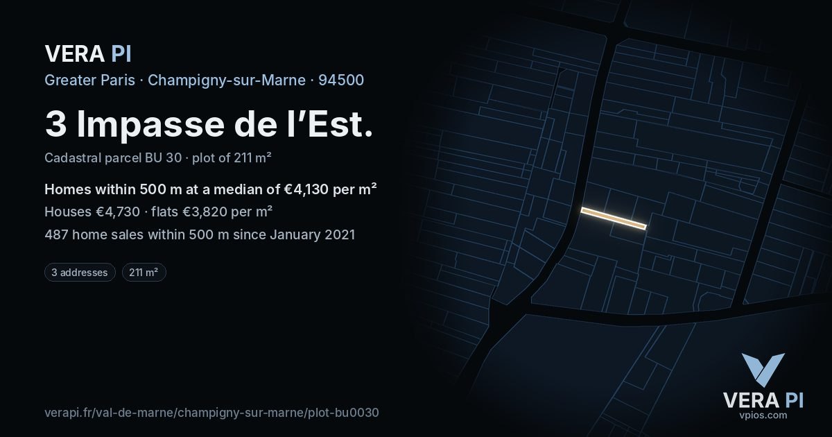3 Impasse de l’Est, Champigny-sur-Marne at night – the plot lit, the parcels around coloured by the prices near them