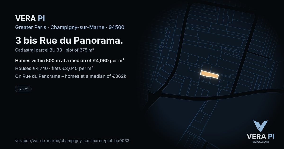 3 bis Rue du Panorama, Champigny-sur-Marne at night – the plot lit, the parcels around coloured by the prices near them