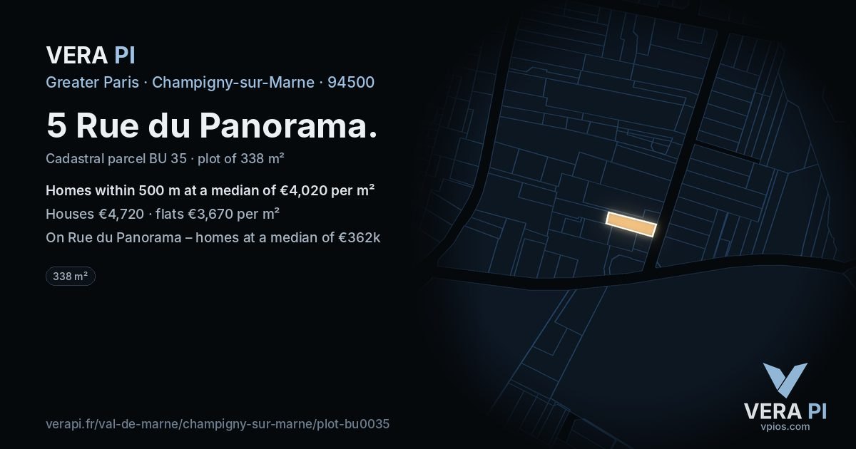 5 Rue du Panorama, Champigny-sur-Marne at night – the plot lit, the parcels around coloured by the prices near them