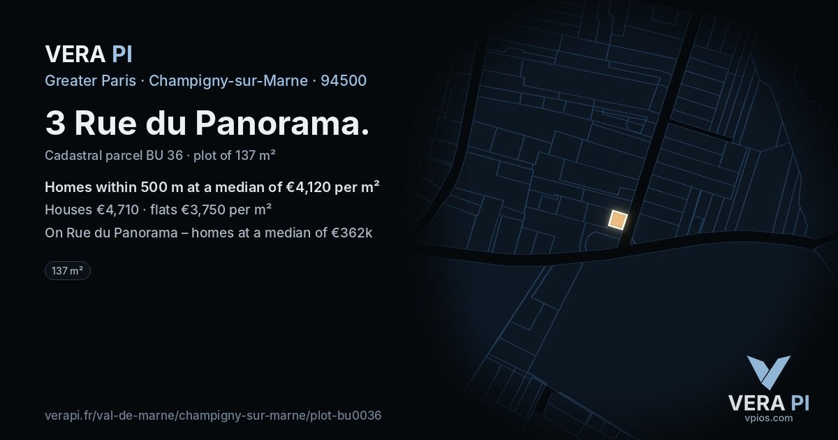 3 Rue du Panorama, Champigny-sur-Marne at night – the plot lit, the parcels around coloured by the prices near them