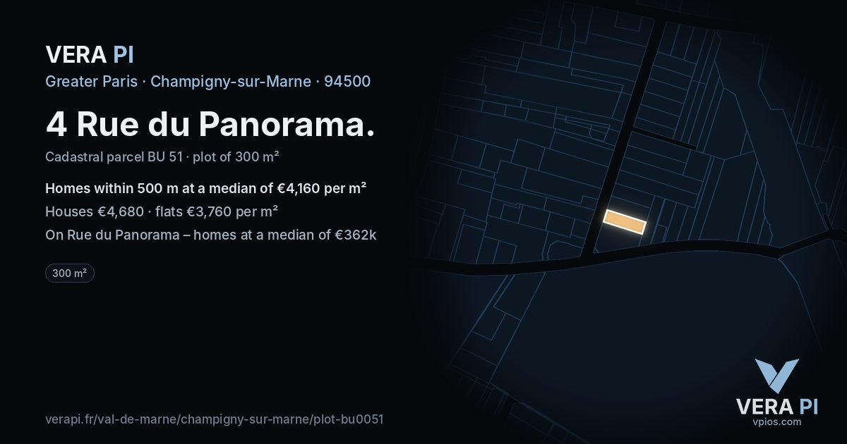 4 Rue du Panorama, Champigny-sur-Marne at night – the plot lit, the parcels around coloured by the prices near them
