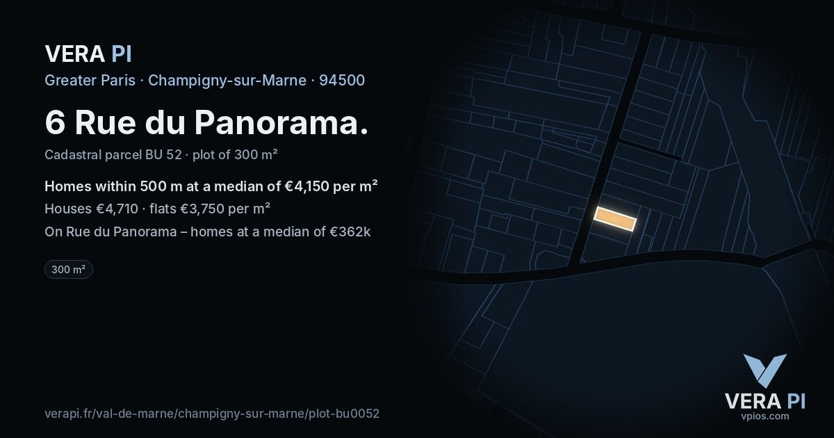 6 Rue du Panorama, Champigny-sur-Marne at night – the plot lit, the parcels around coloured by the prices near them