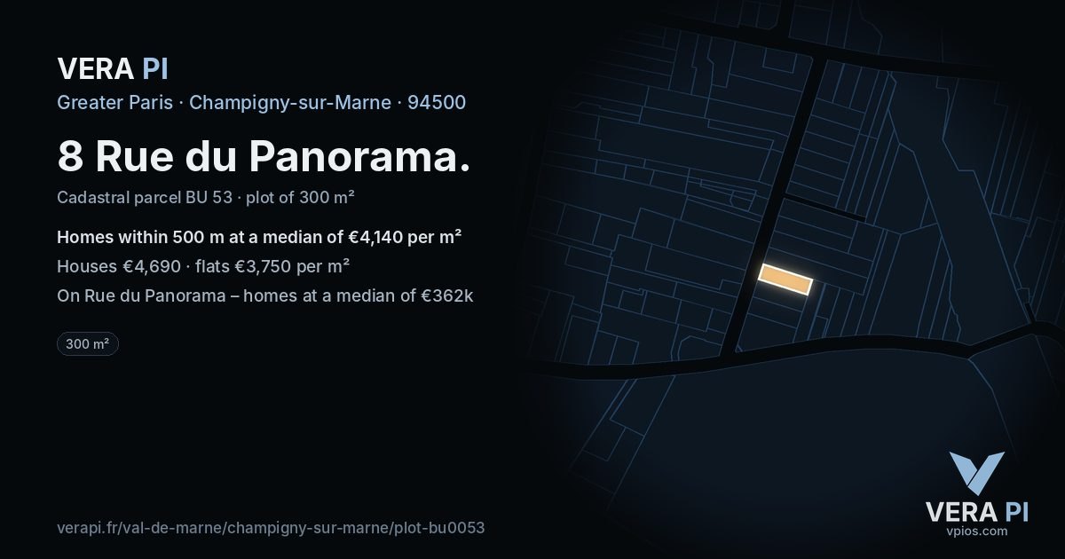8 Rue du Panorama, Champigny-sur-Marne at night – the plot lit, the parcels around coloured by the prices near them