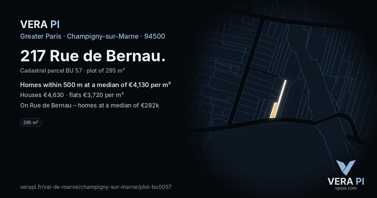 217 Rue de Bernau, Champigny-sur-Marne at night – the plot lit, the parcels around coloured by the prices near them
