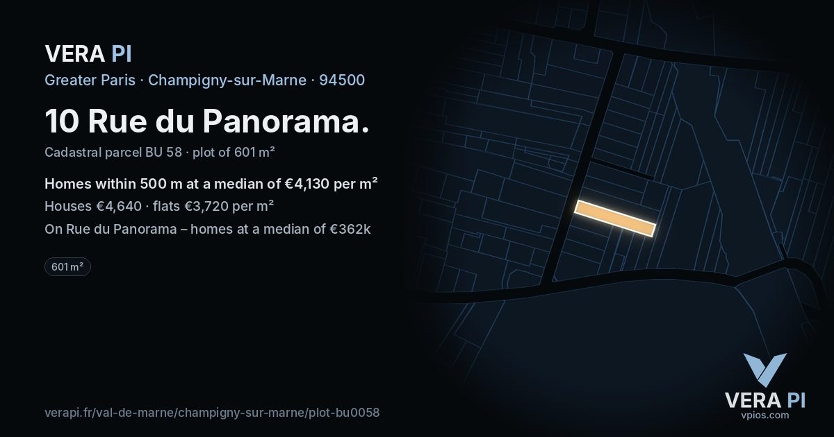 10 Rue du Panorama, Champigny-sur-Marne at night – the plot lit, the parcels around coloured by the prices near them