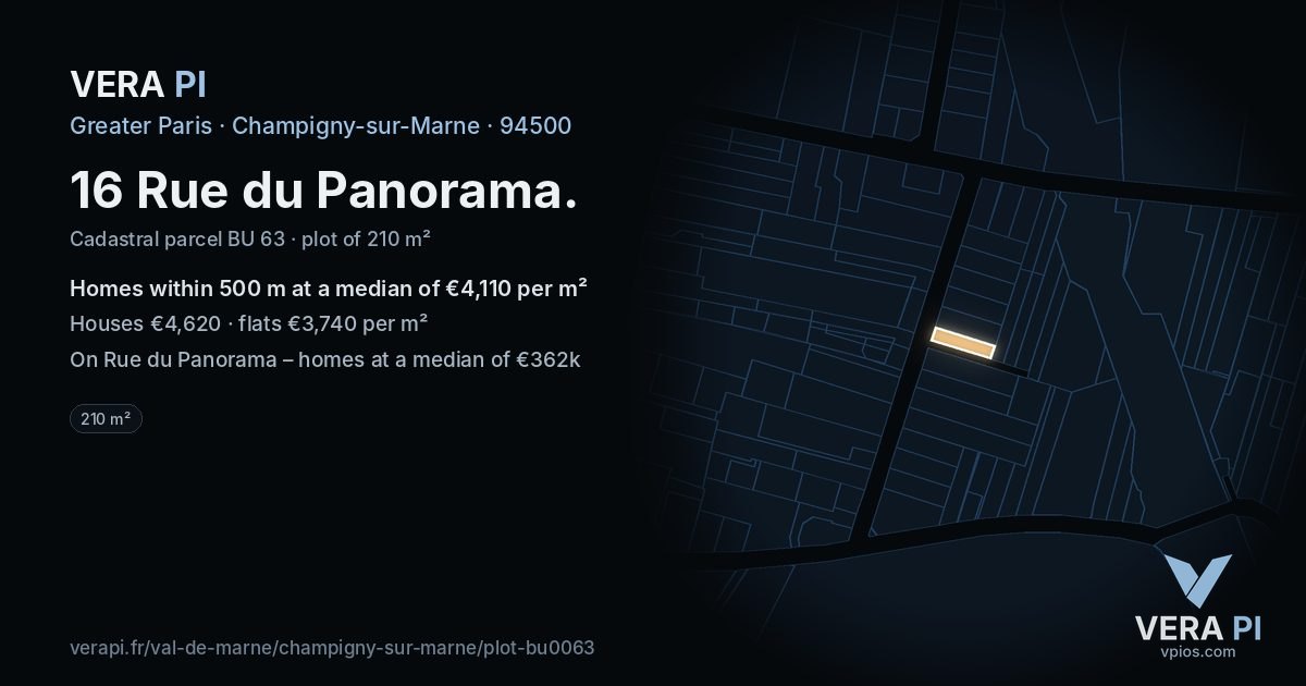 16 Rue du Panorama, Champigny-sur-Marne at night – the plot lit, the parcels around coloured by the prices near them