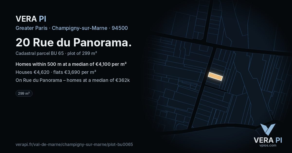 20 Rue du Panorama, Champigny-sur-Marne at night – the plot lit, the parcels around coloured by the prices near them