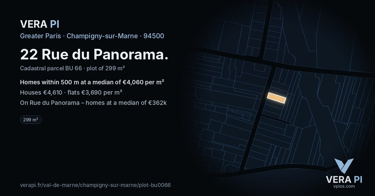 22 Rue du Panorama, Champigny-sur-Marne at night – the plot lit, the parcels around coloured by the prices near them